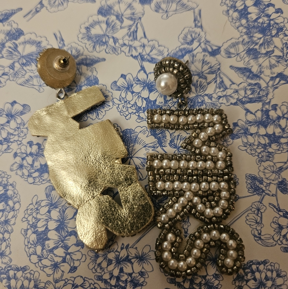 Piper K "Mrs" Beaded Pearl Statement Earrings | Bridal Wedding Earrings | 3" - Picture 3 of 4